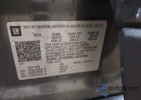 2019 Chevrolet Trax Ls z USA, uszkodzony, nr VIN 3GNCJKSB0KL405034